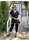 Kadın Kısa Kollu V Yakalı Iki Iplik Bluz Ve Pantolon Ikili Takım