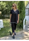 Kadın Kısa Kollu V Yakalı Iki Iplik Bluz Ve Pantolon Ikili Takım