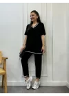 Kadın Kısa Kollu V Yakalı Iki Iplik Bluz Ve Pantolon Ikili Takım