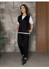 Kadın Kısa Kollu V Yakalı Kapşonlu Viskon Iki Iplik Bluz Ve Pantolon Takım