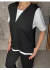 Kadın Kısa Kollu V Yakalı Kapşonlu Viskon Iki Iplik Bluz Ve Pantolon Takım