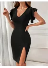 Kadın Kısa Kollu V Yakalı Kolları Volanlı Yandan Yırtmaçlı Kısa Janjan Krep Elbise