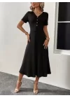 Kadın Kısa Kollu V Yakalı önden Düğmeli Yırtmaçlı Midi Viskon Elbise