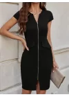Kadın Kısa Kollu V Yakalı önden Fermuarlı Kısa Ithal Krep Elbise