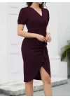Kadın Kısa Kollu V Yakalı önden Fırfırlı Ithal Krep Elbise