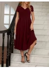 Kadın Kısa Kollu V Yakalı önden Pileli Midi Janjan Krep Elbise