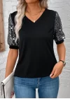 Kadın Kısa Kollu V Yakalı Pul Payet Detaylı Viskon Bluz