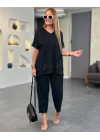 Kadın Kısa Kollu V Yakalı Pul Payetli Viskon Iki Iplik Bluz Ve Pantolon Ikili Takım