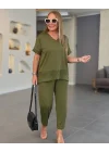 Kadın Kısa Kollu V Yakalı Pul Payetli Viskon Iki Iplik Bluz Ve Pantolon Ikili Takım
