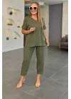 Kadın Kısa Kollu V Yakalı Pul Payetli Viskon Iki Iplik Bluz Ve Pantolon Ikili Takım