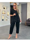 Kadın Kısa Kollu V Yakalı Pul Payetli Viskon Iki Iplik Bluz Ve Pantolon Ikili Takım
