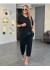 Kadın Kısa Kollu V Yakalı Pul Payetli Viskon Iki Iplik Bluz Ve Pantolon Ikili Takım