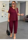 Kadın Kısa Kollu V Yakalı Pul Payetli Viskon Iki Iplik Bluz Ve Pantolon Ikili Takım