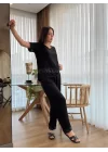 Kadın Kısa Kollu V Yakalı Pul Payetli Viskon Iki Iplik Bluz Ve Pantolon Ikili Takım