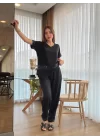 Kadın Kısa Kollu V Yakalı Pul Payetli Viskon Iki Iplik Bluz Ve Pantolon Ikili Takım