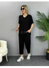 Kadın Kısa Kollu V Yakalı Pul Payetli Viskon Iki Iplik Bluz Ve Pantolon Ikili Takım