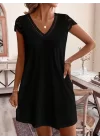 Kadın Kısa Kollu V Yakalı Viskon Elbise