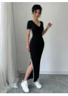 Kadın Kısa Kollu V Yakalı Yandan Yırtmaçlı Viskon Iki Iplik Elbise