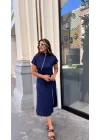 Kadın Kısa Kollu Yakadan Ve Etekten Fermuarlı Midi Viskon Iki Iplik Elbise
