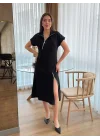 Kadın Kısa Kollu Yakadan Ve Etekten Fermuarlı Midi Viskon Iki Iplik Elbise