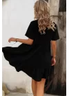 Kadın Kısa Kollu Yakası Bağcıklı önden Düğmeli Fırfır Desenli Süprem Elbise