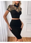 Kadın Kısa Kollu Yarı Balıkçı Yaka Dantelli Straplez Ithal Krep Crop Bluz Ve Etek Ikili Takım