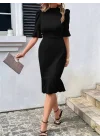 Kadın Kısa Kollu Yarı Balıkçı Yakalı Etek Ucu Fırfırlı Midi Ithal Krep Elbise