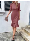 Kadın Kısa Kollu Yarı Balıkçı Yakalı Etek Ucu Fırfırlı Midi Ithal Krep Elbise