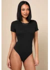 Kadın Siyah Bisiklet Yaka Kısa Kollu Tanga Kesim Çift Katlı Sandy Bodysuit