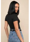 Kadın Siyah Bisiklet Yaka Kısa Kollu Tanga Kesim Çift Katlı Sandy Bodysuit