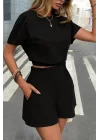 Kadın Kısa Kollu Yuvarlak Yakalı Ithal Keten Bluz Ve Short Ikili Takım