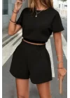 Kadın Kısa Kollu Yuvarlak Yakalı Ithal Keten Bluz Ve Short Ikili Takım