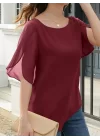 Kadın Kısa Yırtmaç Kollu Yuvarlak Yaka şifon Bluz