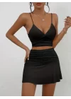 Kadın Kolsuz Askılı Crop Mini Etek Ikili Sandy Takım
