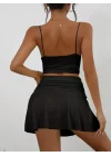 Kadın Kolsuz Askılı Crop Mini Etek Ikili Sandy Takım