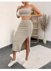 Kadın Kolsuz Askılı Crop Yırtmaçlı Midi Etek Fitilli Kaşkorse Takım