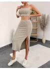 Kadın Kolsuz Askılı Crop Yırtmaçlı Midi Etek Fitilli Kaşkorse Takım