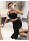 Kadın Kolsuz Askılı Crop Yırtmaçlı Midi Etek Fitilli Kaşkorse Takım