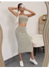 Kadın Kolsuz Askılı Crop Yırtmaçlı Midi Etek Fitilli Kaşkorse Takım