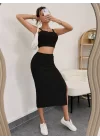 Kadın Kolsuz Askılı Crop Yırtmaçlı Midi Etek Fitilli Kaşkorse Takım