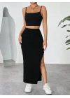 Kadın Kolsuz Askılı Crop Yırtmaçlı Midi Etek Fitilli Kaşkorse Takım