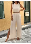 Kadın Kolsuz Beli Lastikli Atlet Ve Yırtmaç Detay Pantolon Ikili Takım