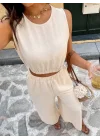 Kadın Kolsuz Beli Lastikli Atlet Ve Yırtmaç Detay Pantolon Ikili Takım