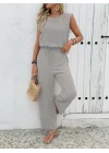 Kadın Kolsuz Bisiklet Yaka Aerobin Bluz Ve Bağcıklı Pantolon