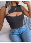 Kadın Kolsuz Bisiklet Yaka Güpüs Dekolteli Triko Crop Bluz