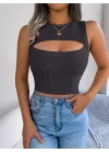 Kadın Kolsuz Bisiklet Yaka Güpüs Dekolteli Triko Crop Bluz