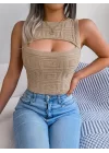 Kadın Kolsuz Bisiklet Yaka Güpüs Dekolteli Triko Crop Bluz