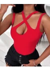 Kadın Kolsuz Boyundan çapraz Geçirmeli Göğüs Damla Detay Kaşkorse Bluz