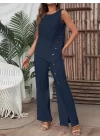 Kadın Kolsuz Düğmeli Asimetrik Detaylı Bürümcük Bluz Ve Pantolon Takım