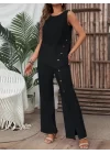 Kadın Kolsuz Düğmeli Asimetrik Detaylı Bürümcük Bluz Ve Pantolon Takım